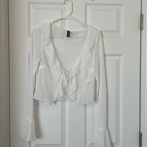 H&M White Crop Blouse with Long Sleeves and Ruffled Tie Front